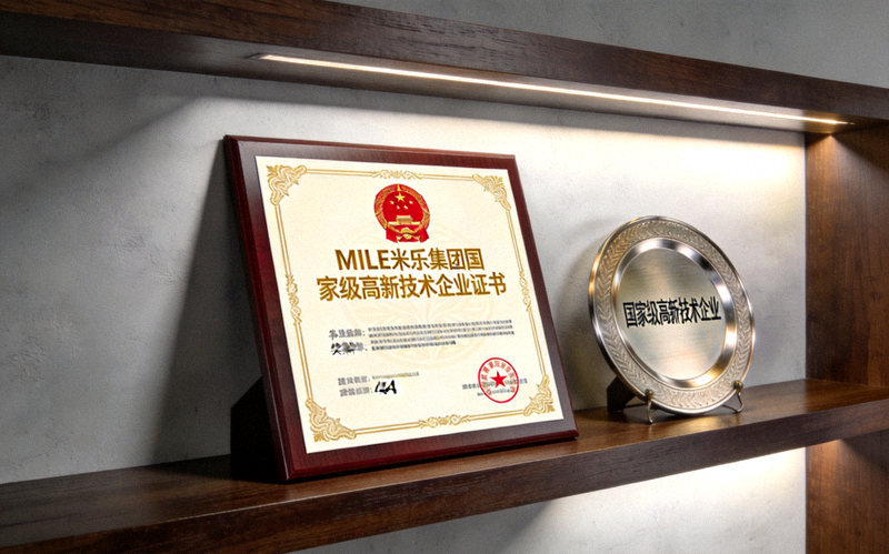 MILE米乐集团获得的国家级高新技术企业证书与奖牌陈列